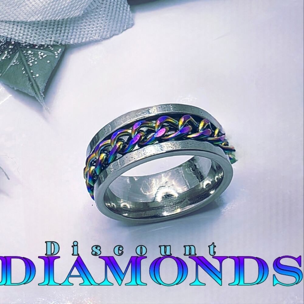 SPINNER Titanium Polished Silver Ring - Rainbow Chain